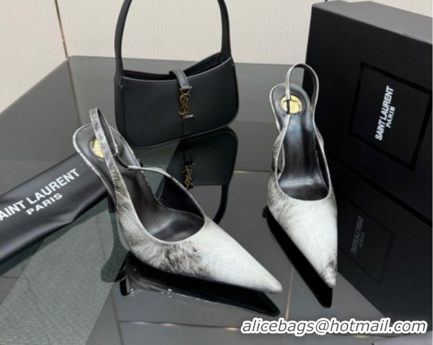 Low Cost Saint Laurent Deroche Heel Slingbacks Pump 10.5cm in Patent Leather Grey Print YSL121201 1212064