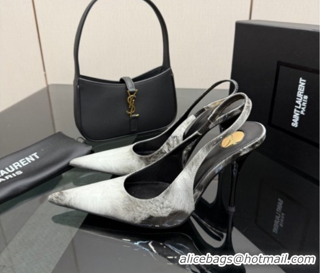 Low Cost Saint Laurent Deroche Heel Slingbacks Pump 10.5cm in Patent Leather Grey Print YSL121201 1212064