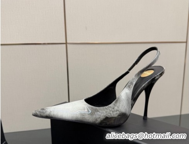 Low Cost Saint Laurent Deroche Heel Slingbacks Pump 10.5cm in Patent Leather Grey Print YSL121201 1212064