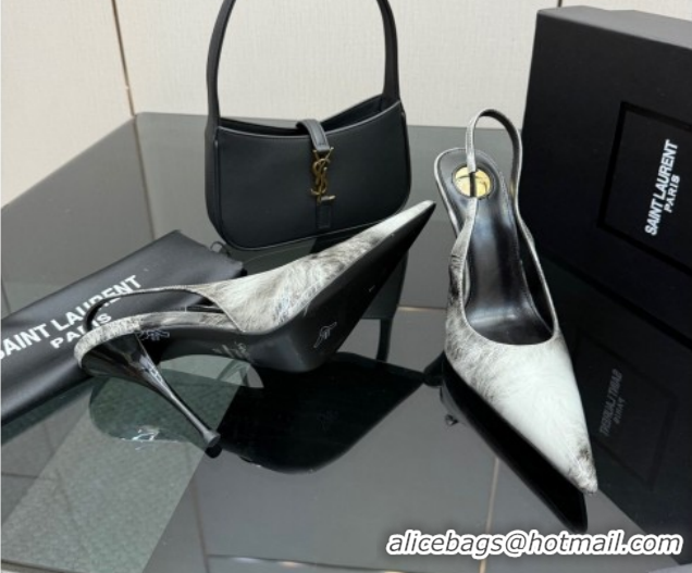 Low Cost Saint Laurent Deroche Heel Slingbacks Pump 10.5cm in Patent Leather Grey Print YSL121201 1212064