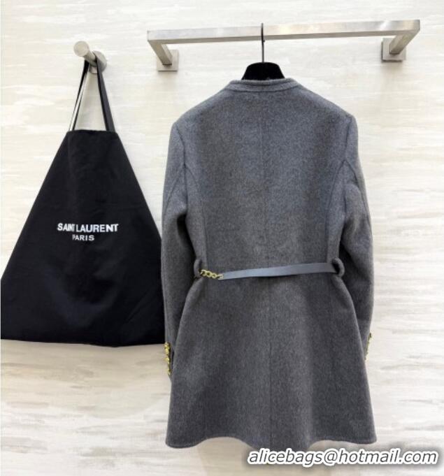 Buy Fashionable Saint Laurent Wool Chain Coat YSL122611 Grey 2025