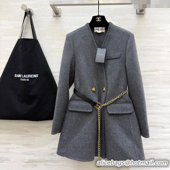 Buy Fashionable Saint Laurent Wool Chain Coat YSL122611 Grey 2025