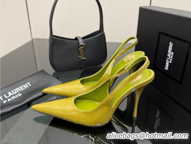 Good Looking Saint Laurent Deroche Heel Slingbacks Pump 10.5cm in Patent Leather Green2 YSL121201 1212066