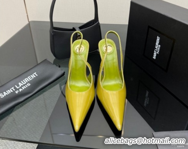 Good Looking Saint Laurent Deroche Heel Slingbacks Pump 10.5cm in Patent Leather Green2 YSL121201 1212066