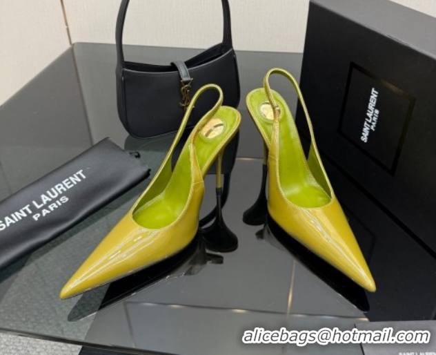 Good Looking Saint Laurent Deroche Heel Slingbacks Pump 10.5cm in Patent Leather Green2 YSL121201 1212066