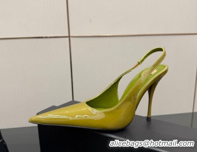 Good Looking Saint Laurent Deroche Heel Slingbacks Pump 10.5cm in Patent Leather Green2 YSL121201 1212066