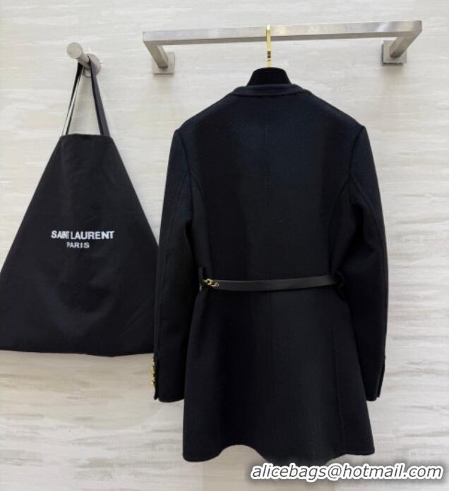 Discount Design Saint Laurent Wool Chain Coat YSL122611 Black 2025