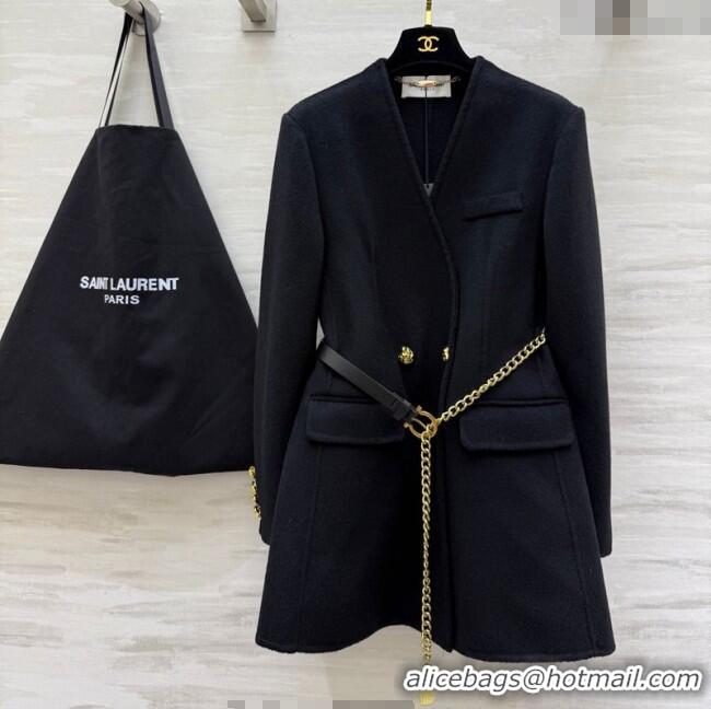Discount Design Saint Laurent Wool Chain Coat YSL122611 Black 2025