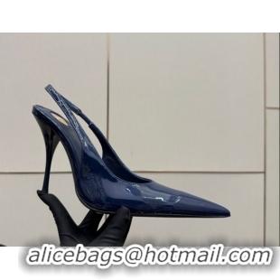 Best Grade Saint Laurent Deroche Heel Slingbacks Pump 10.5cm in Patent Leather Navy Blue YSL121201 1212067