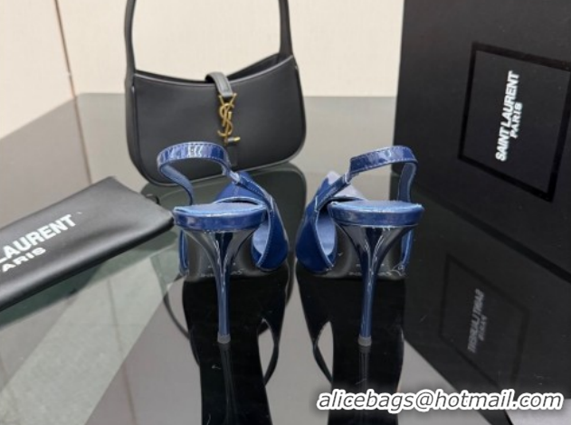 Best Grade Saint Laurent Deroche Heel Slingbacks Pump 10.5cm in Patent Leather Navy Blue YSL121201 1212067