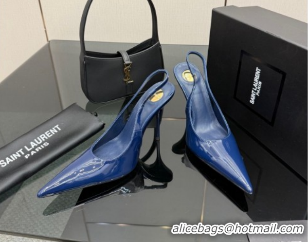 Best Grade Saint Laurent Deroche Heel Slingbacks Pump 10.5cm in Patent Leather Navy Blue YSL121201 1212067
