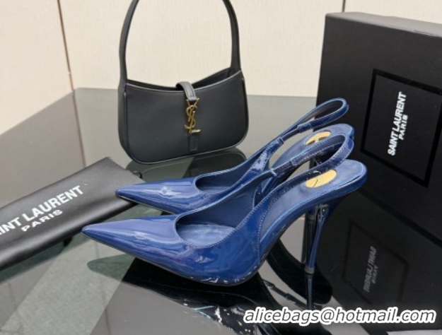 Best Grade Saint Laurent Deroche Heel Slingbacks Pump 10.5cm in Patent Leather Navy Blue YSL121201 1212067