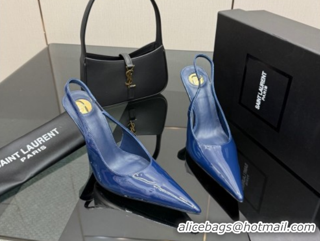 Best Grade Saint Laurent Deroche Heel Slingbacks Pump 10.5cm in Patent Leather Navy Blue YSL121201 1212067