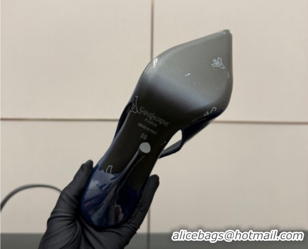 Best Grade Saint Laurent Deroche Heel Slingbacks Pump 10.5cm in Patent Leather Navy Blue YSL121201 1212067