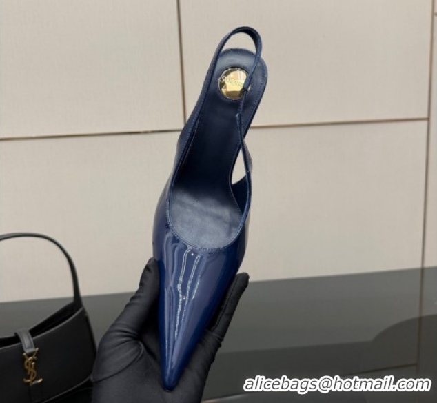 Best Grade Saint Laurent Deroche Heel Slingbacks Pump 10.5cm in Patent Leather Navy Blue YSL121201 1212067