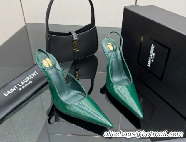 Pretty Style Saint Laurent Deroche Heel Slingbacks Pump 10.5cm in Patent Leather Dark Green YSL121201 1212068