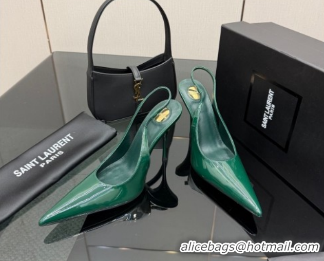 Pretty Style Saint Laurent Deroche Heel Slingbacks Pump 10.5cm in Patent Leather Dark Green YSL121201 1212068