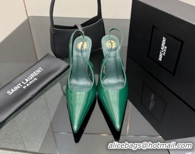 Pretty Style Saint Laurent Deroche Heel Slingbacks Pump 10.5cm in Patent Leather Dark Green YSL121201 1212068