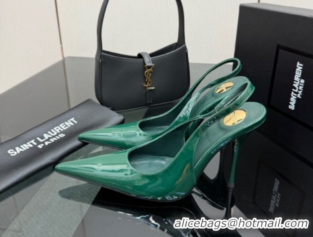 Pretty Style Saint Laurent Deroche Heel Slingbacks Pump 10.5cm in Patent Leather Dark Green YSL121201 1212068