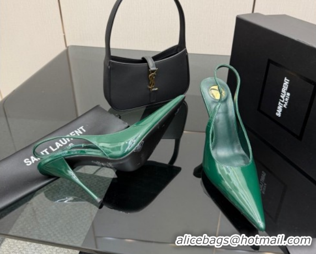 Pretty Style Saint Laurent Deroche Heel Slingbacks Pump 10.5cm in Patent Leather Dark Green YSL121201 1212068