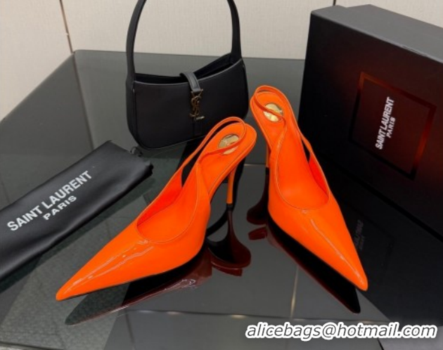 Good Quality Saint Laurent Deroche Heel Slingbacks Pump 10.5cm in Patent Leather Orange Red YSL121201 1212071