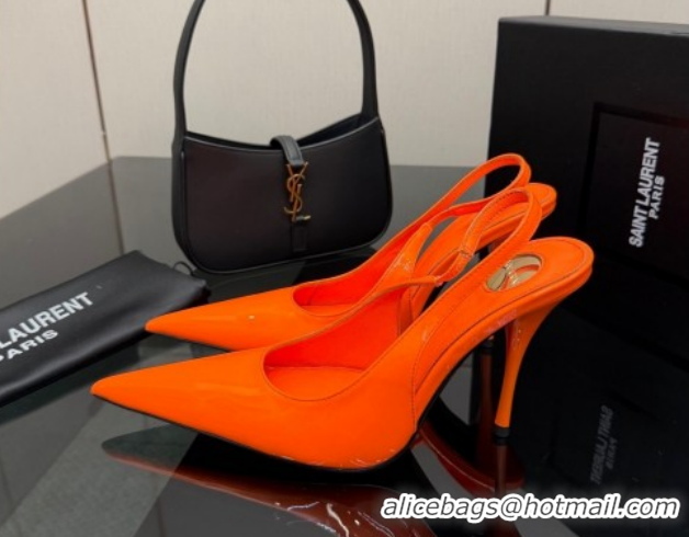 Good Quality Saint Laurent Deroche Heel Slingbacks Pump 10.5cm in Patent Leather Orange Red YSL121201 1212071