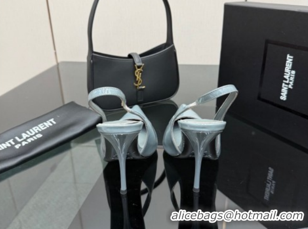 Best Product Saint Laurent Deroche Heel Slingbacks Pump 10.5cm in Patent Leather Storm Blue YSL121201 1212072