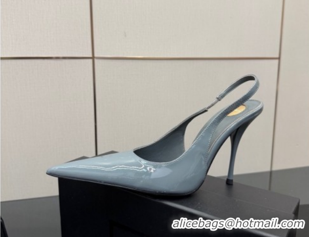 Best Product Saint Laurent Deroche Heel Slingbacks Pump 10.5cm in Patent Leather Storm Blue YSL121201 1212072