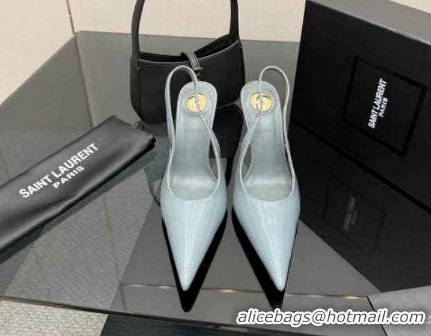 Best Product Saint Laurent Deroche Heel Slingbacks Pump 10.5cm in Patent Leather Storm Blue YSL121201 1212072