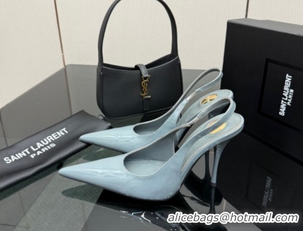 Best Product Saint Laurent Deroche Heel Slingbacks Pump 10.5cm in Patent Leather Storm Blue YSL121201 1212072