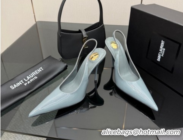 Best Product Saint Laurent Deroche Heel Slingbacks Pump 10.5cm in Patent Leather Storm Blue YSL121201 1212072
