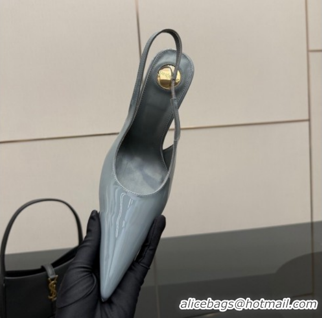 Best Product Saint Laurent Deroche Heel Slingbacks Pump 10.5cm in Patent Leather Storm Blue YSL121201 1212072