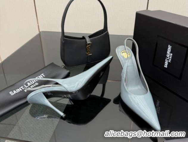Best Product Saint Laurent Deroche Heel Slingbacks Pump 10.5cm in Patent Leather Storm Blue YSL121201 1212072