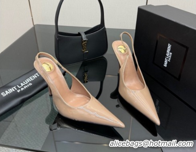 Grade Quality Saint Laurent Deroche Heel Slingbacks Pump 10.5cm in Patent Leather Khaki YSL121201 1212073