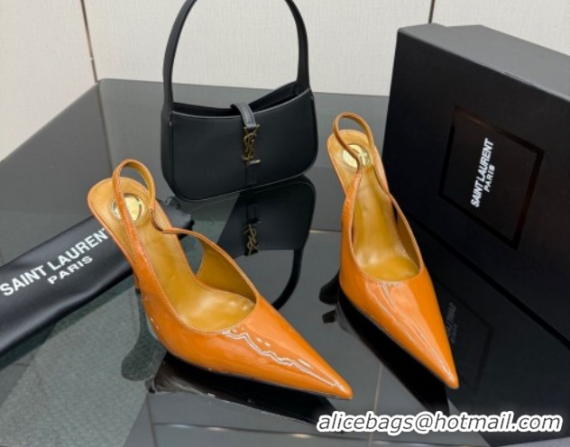 Best Price Saint Laurent Deroche Heel Slingbacks Pump 10.5cm in Patent Leather Orange Yellow YSL121201 1212074