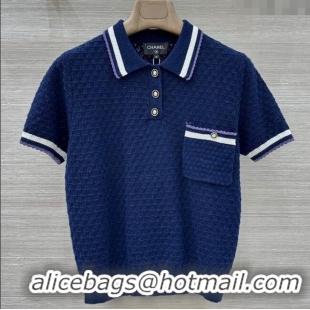 Luxury Cheap Chanel Cotton Cashmere Polo Shirt CH122704 Blue 2025