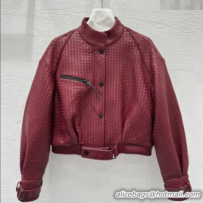 Top Quality Bottega Veneta Lambskin Leather Woven Jacket BV122701 Burgundy 2025