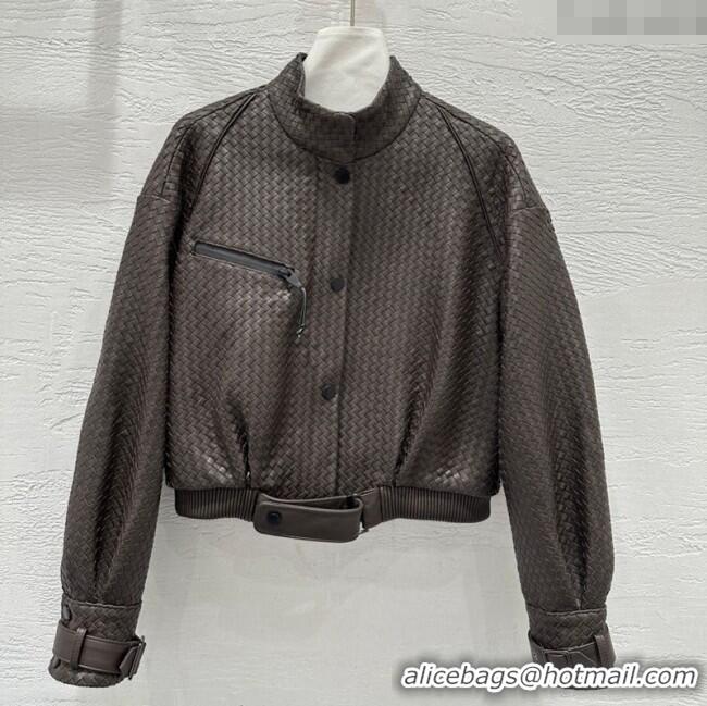 Promotional Bottega Veneta Lambskin Leather Woven Jacket BV122701 Brown 2025