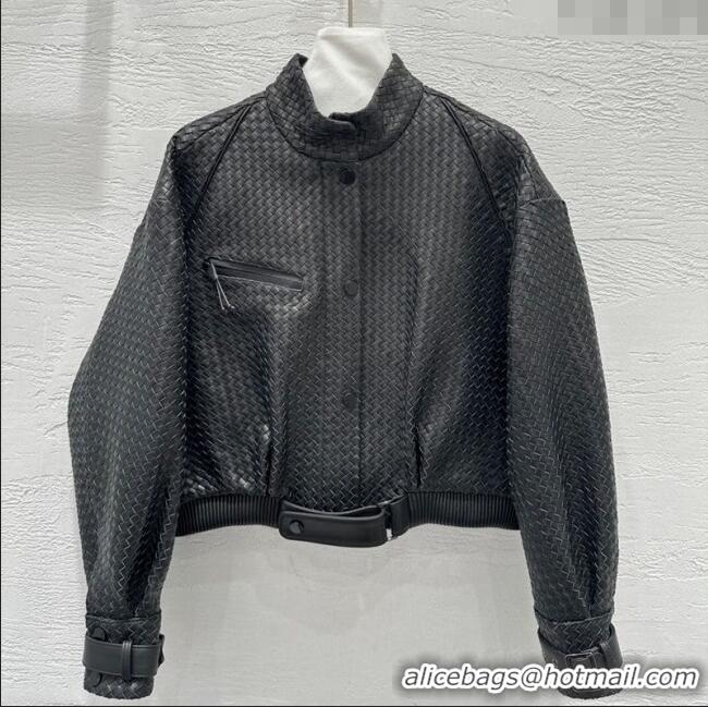 Top Grade Bottega Veneta Lambskin Leather Woven Jacket BV122701 Black 2025