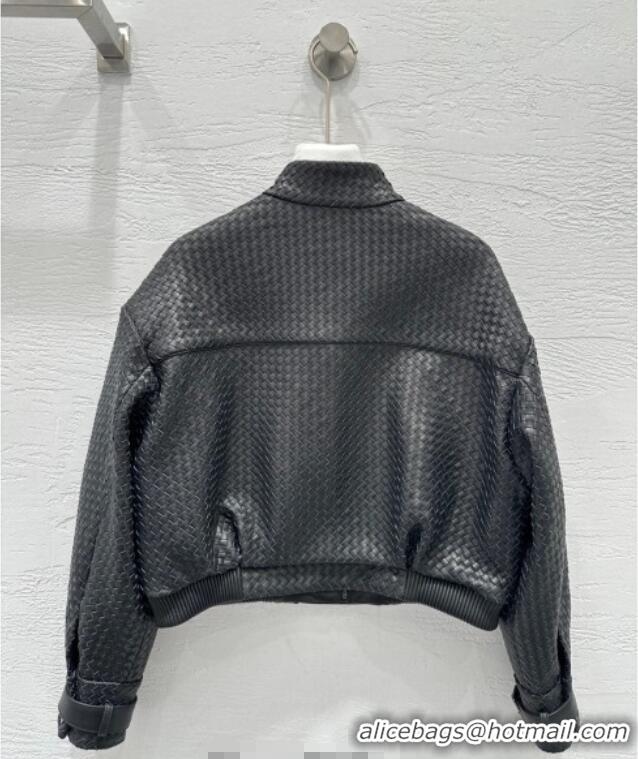 Top Grade Bottega Veneta Lambskin Leather Woven Jacket BV122701 Black 2025