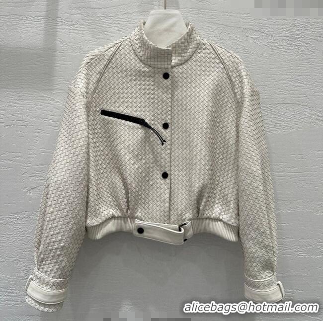 Buy Discount Bottega Veneta Lambskin Leather Woven Jacket BV122701 White 2025