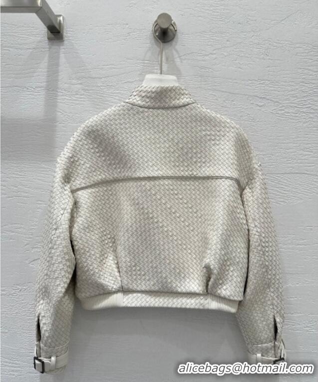 Buy Discount Bottega Veneta Lambskin Leather Woven Jacket BV122701 White 2025