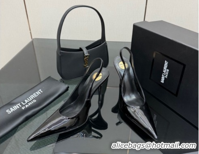 Best Price Saint Laurent Deroche Heel Slingbacks Pump 10.5cm in Patent Leather Black YSL121201 1212075