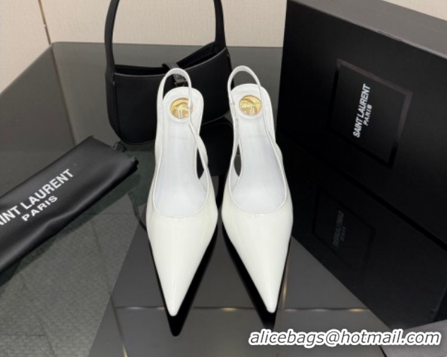 Most Popular Saint Laurent Deroche Heel Slingbacks Pump 10.5cm in Patent Leather White YSL121201 1212076