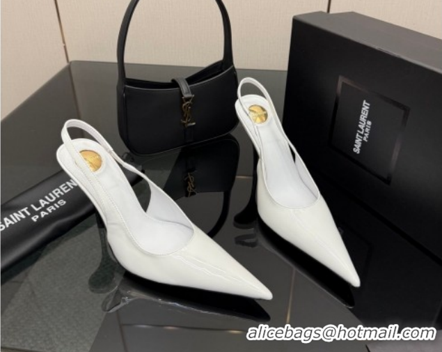 Most Popular Saint Laurent Deroche Heel Slingbacks Pump 10.5cm in Patent Leather White YSL121201 1212076