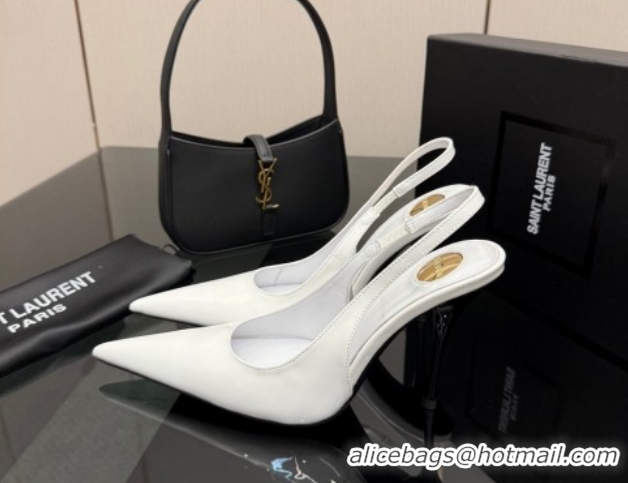 Most Popular Saint Laurent Deroche Heel Slingbacks Pump 10.5cm in Patent Leather White YSL121201 1212076