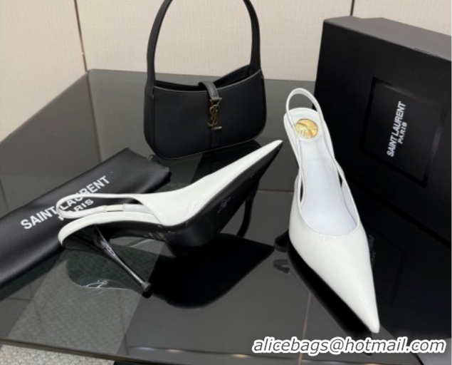 Most Popular Saint Laurent Deroche Heel Slingbacks Pump 10.5cm in Patent Leather White YSL121201 1212076