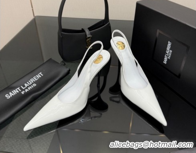 Most Popular Saint Laurent Deroche Heel Slingbacks Pump 10.5cm in Patent Leather White YSL121201 1212076