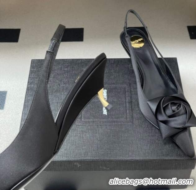 Sumptuous Saint Laurent DAKOTA Heel Slingbacks Pump 5.5cm in Satin Crepe with Square Rose Black 1212079