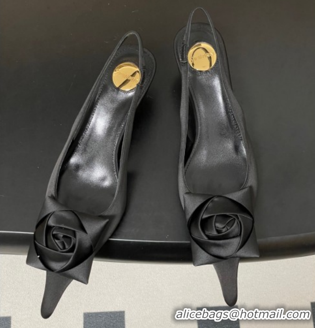 Sumptuous Saint Laurent DAKOTA Heel Slingbacks Pump 5.5cm in Satin Crepe with Square Rose Black 1212079